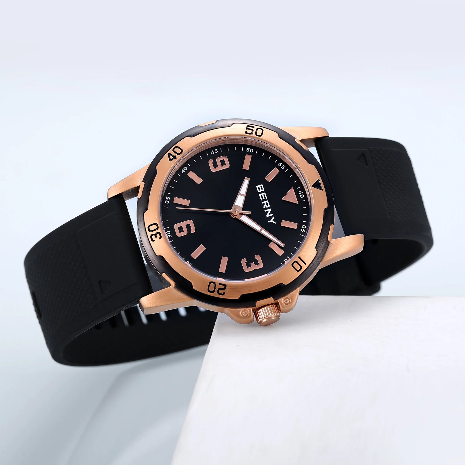 BERNY Watches for Men Luminous Casual Sport Quartz Men's Watch Waterproof Wristwatch Soft silicone Strap Brass Case Easy Read