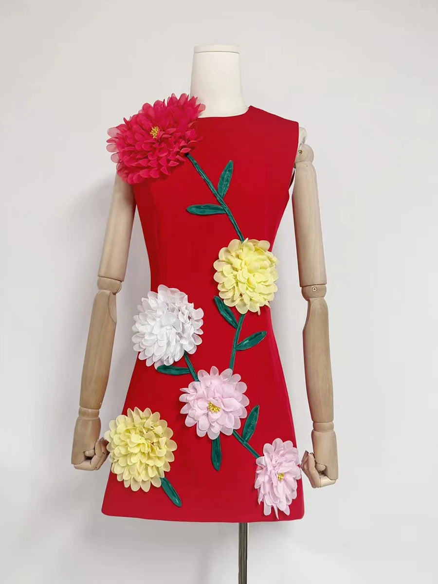 TWOTWINSTYLE hit color spliced appliques slimming dresses for women o neck sleeveless high waist temperament mini dress female
