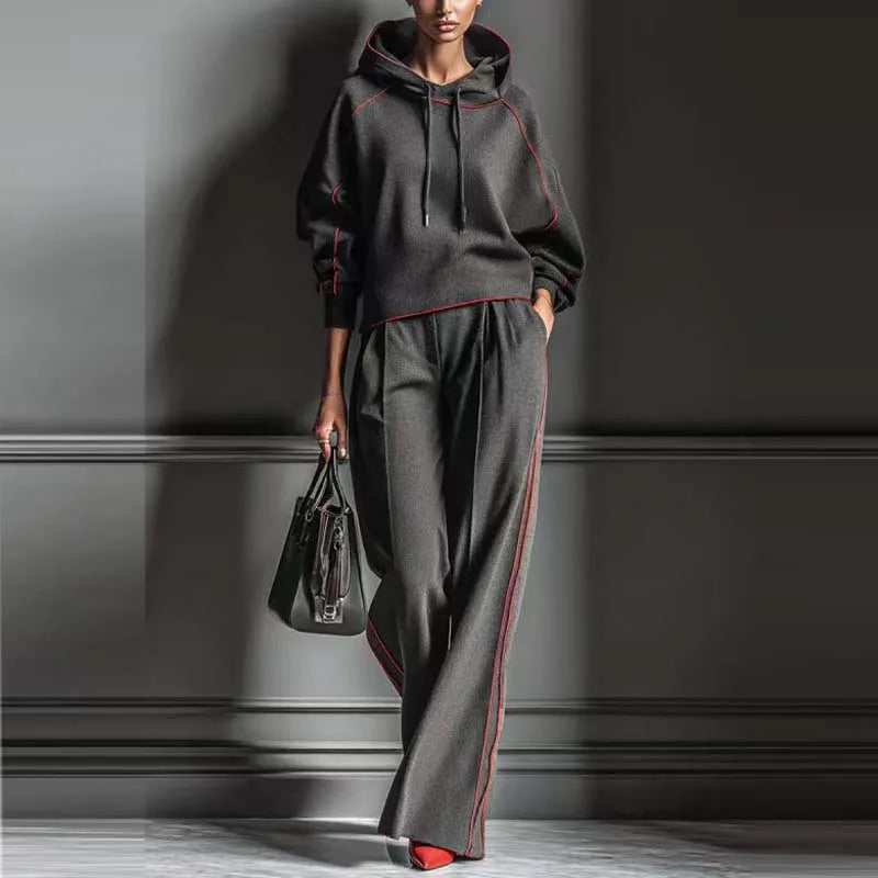Hooded Sweatshirt Set Wide-Leg Pants — Charcoal Grey | KIMLUD