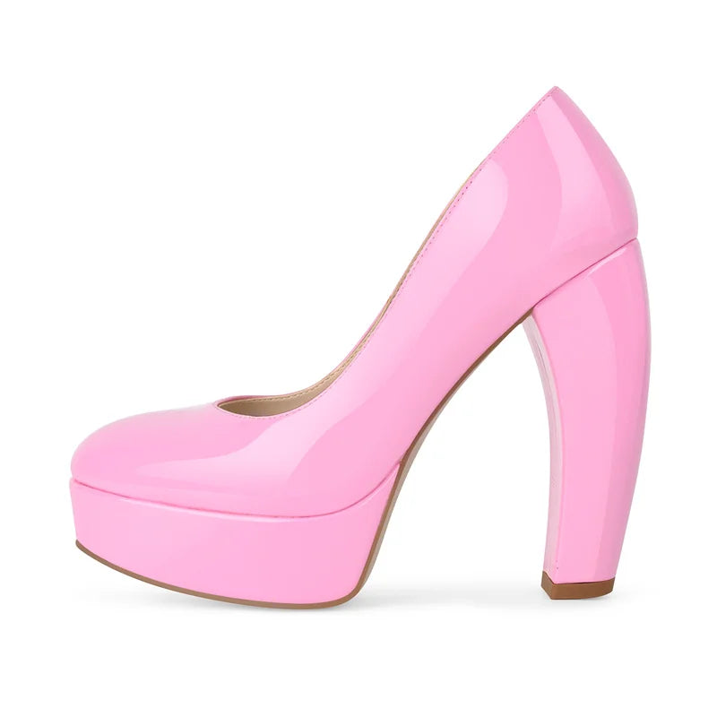 Pumps - Platform Patent Leather Chunky Heel - Round Toe | KIMLUD