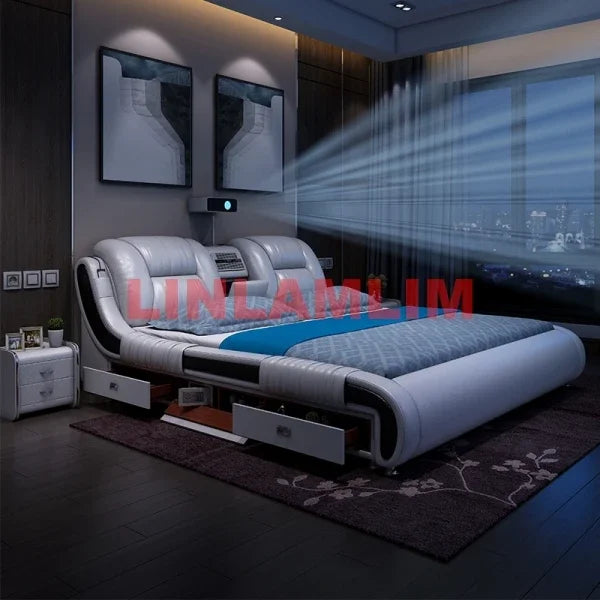 Genuine Leather Bed Frame With Built In Storage And Bluetooth — White | KIMLUD