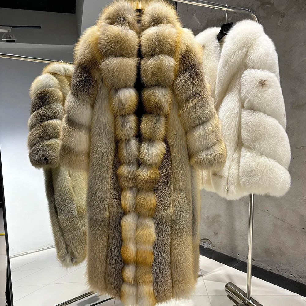 YOLOAgain Luxury Long Real Fox Fur Jacket Coat Women2025 Winter Natural Golden Fox Fur Coat Outerwear