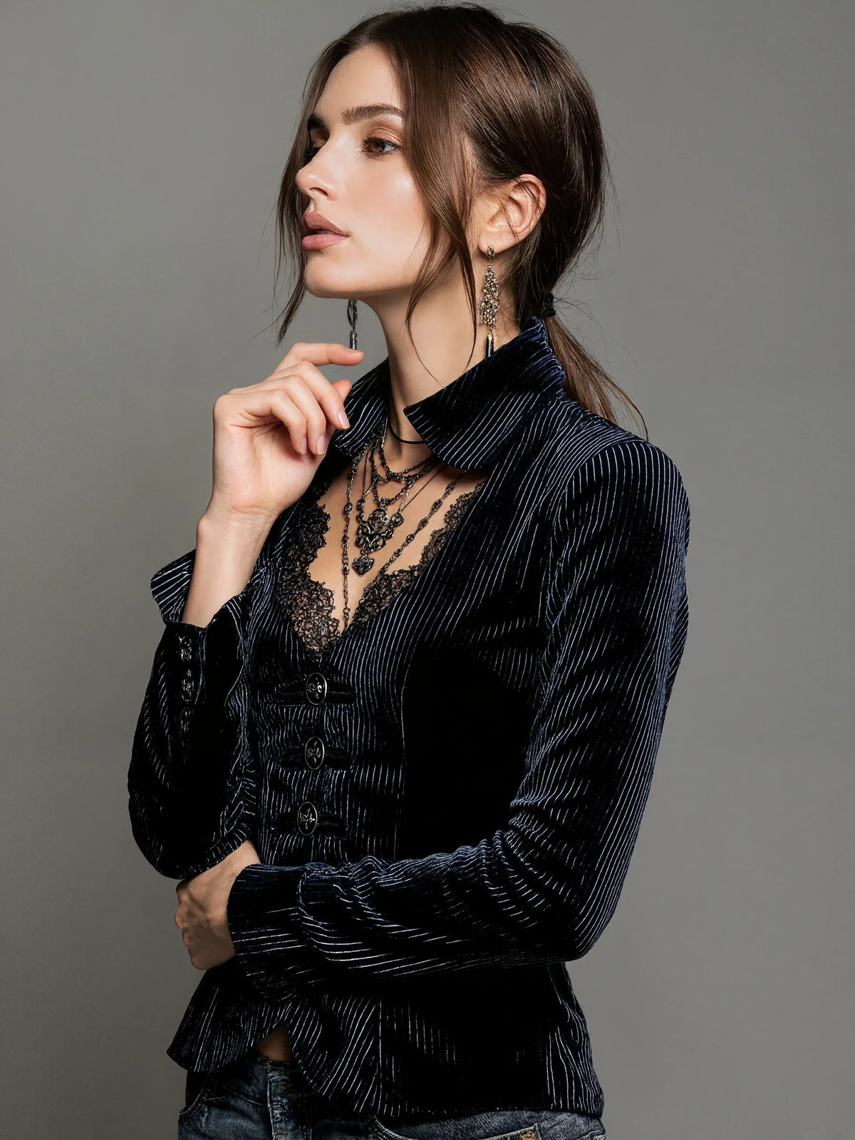 Blouse – Single Breasted Lace Detail – Velvet | KIMLUD