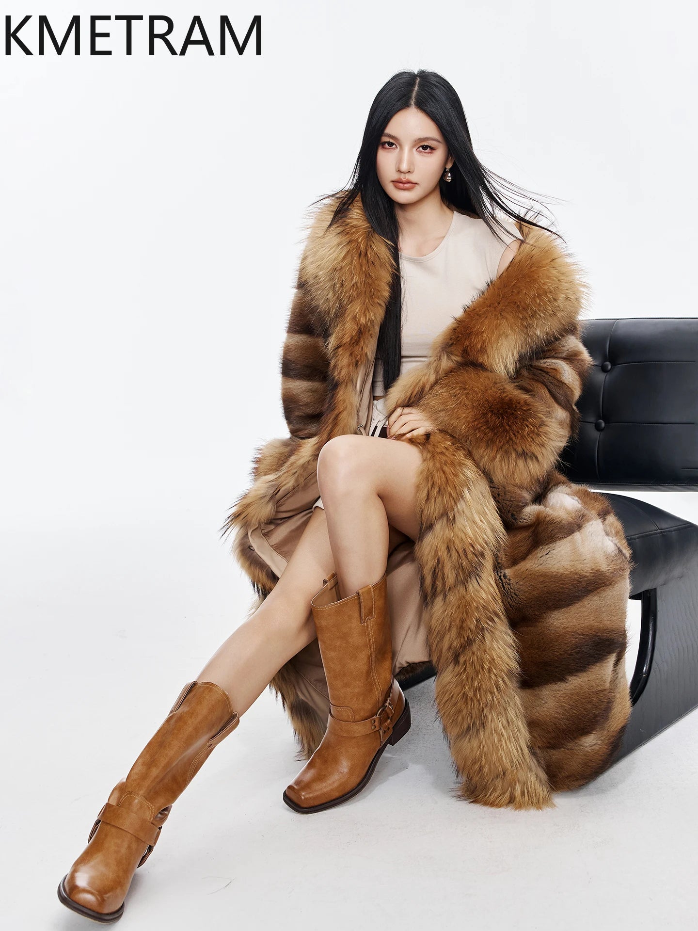 Luxurious Muskrat Fur Solid Long Coat — Natural | KIMLUD