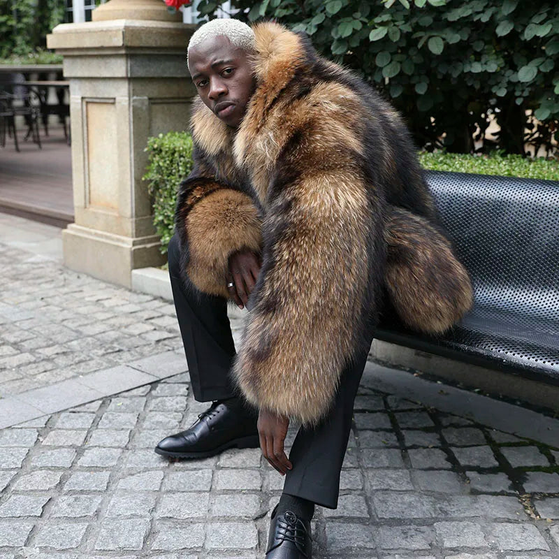JANEFUR Men's Winter Raccoon Coat Thick Collar Warm Coat Real Raccoon Fur Coat Luxury Fashion