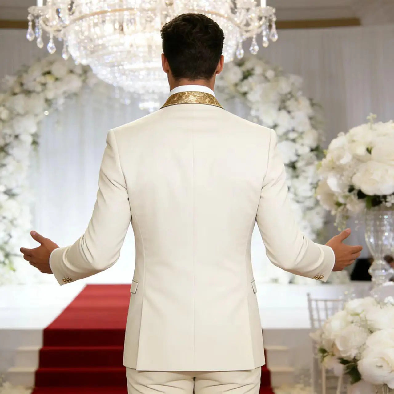 Men's 3-Piece Suit Set Classic One Gold Button Slim Fit Blazer Vest Pants Formal Business Wedding Wear