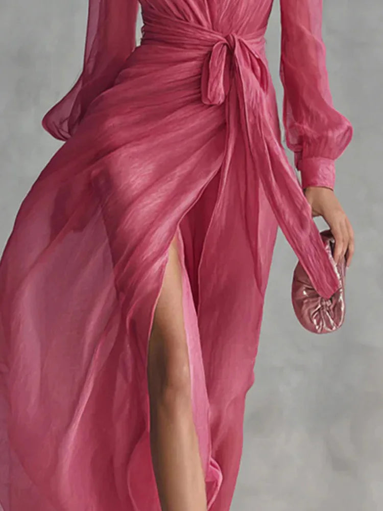 Maxi Dress – V Neck Lace-Up Detail – Polyester Silhouette – Solid Color | KIMLUD