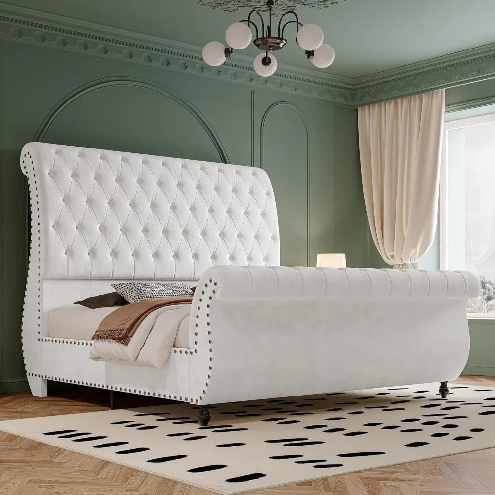 Velvet Upholstered Sleigh Bed Frame — White | KIMLUD
