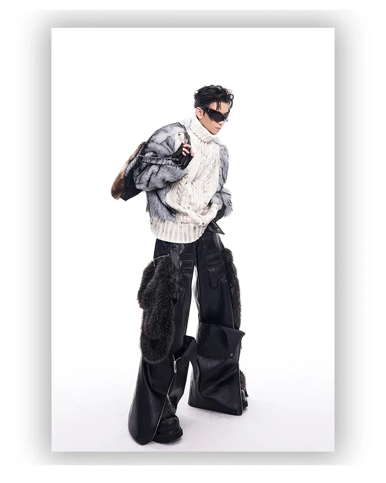 PU Leather Wide-Leg Baggy Cargo Pants — Black | KIMLUD
