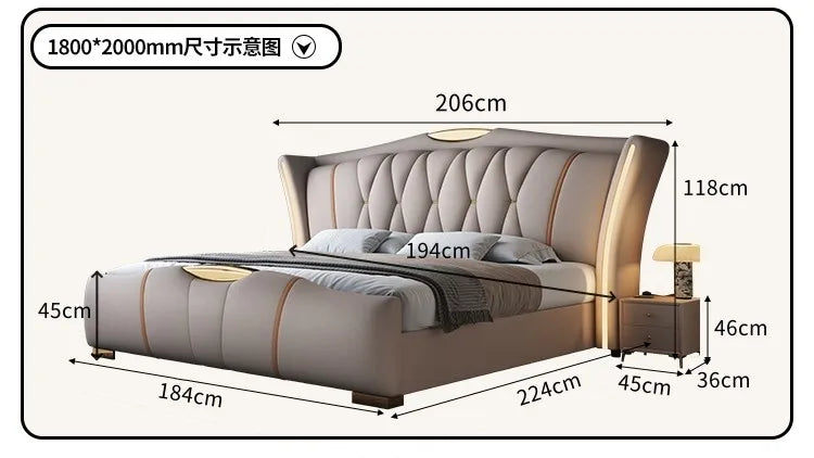 Leather Bed Frame With Lit Headboard — Ivory-Beige | KIMLUD