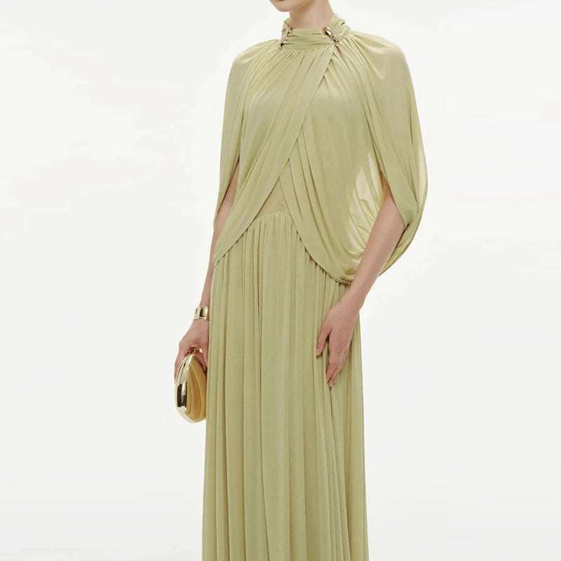 Brocade Gown Cross-Sleeved Ruched Form-Fitting With O-Neck And Ankle-Length Silhouette — Champagne Yellow | KIMLUD