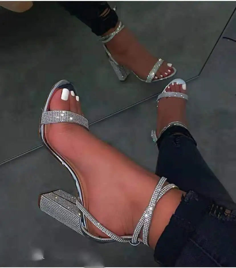 Rhinestone Sandals High Heel Buckle Strap — Silver | KIMLUD