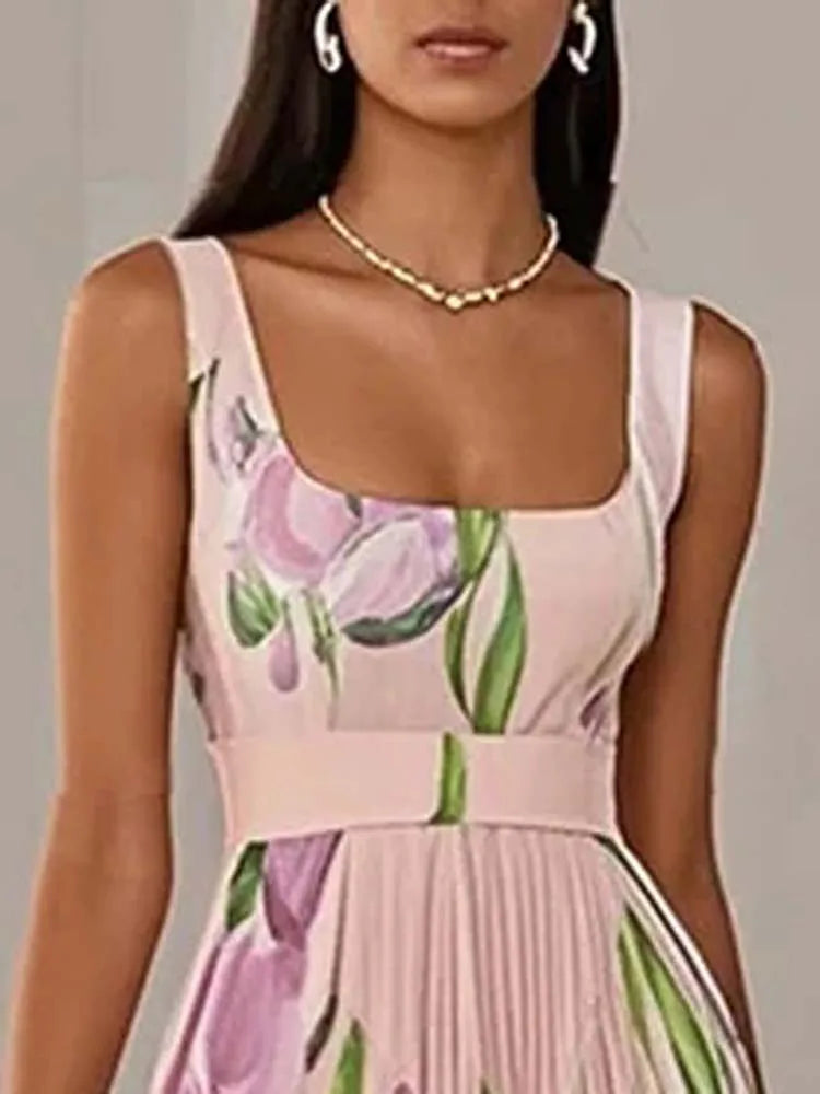 Summer Square Collar Floral Print Fold Dress Womens Sexy High Waist Sling Long Dresses Summer Off Shoulder Hollow Boho Dresses