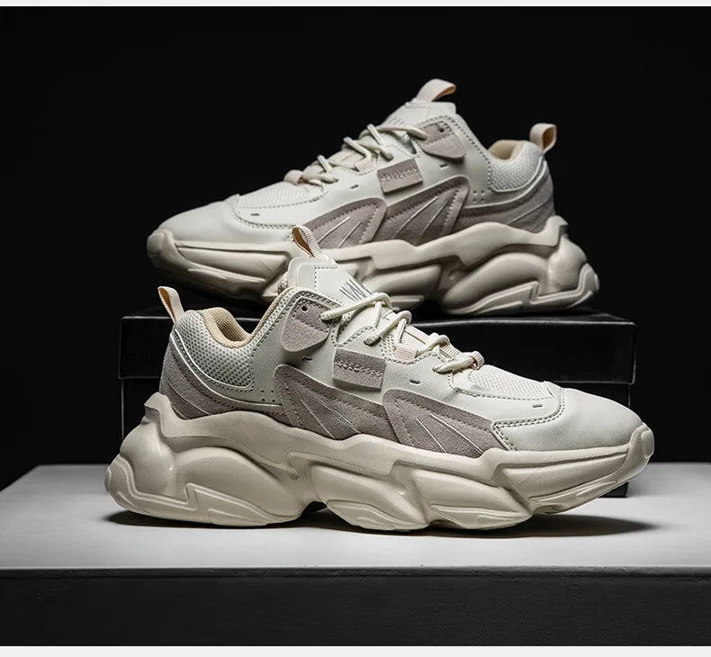 Leather Luxury Sneakers Premium Designer Style Breathable Casual Shoes — Beige | KIMLUD
