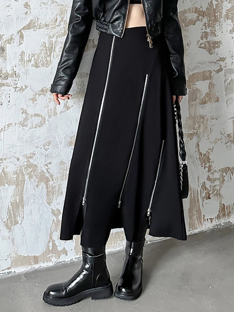 Skirt – High Elastic Waist Zipper A-Line Split – Jersey – Black | KIMLUD