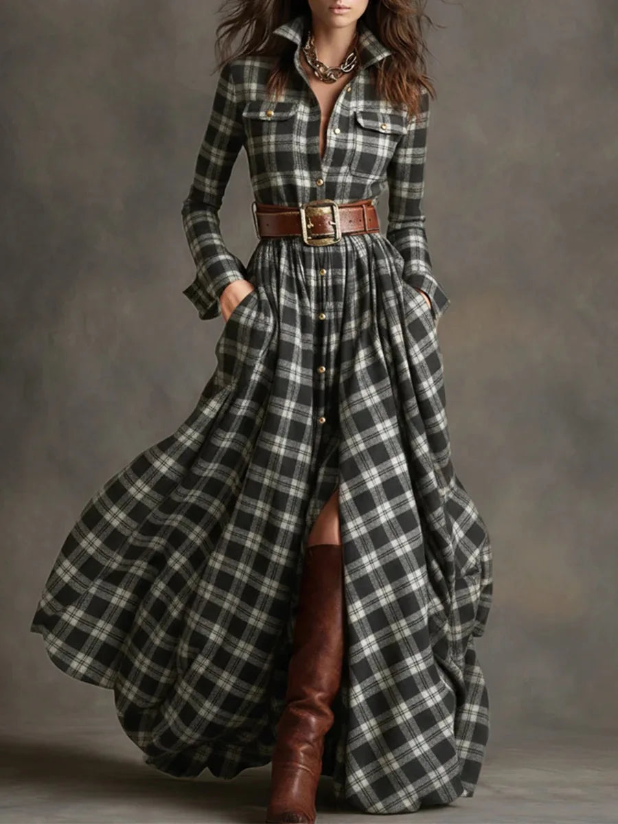Polyester A-Line Dress Plaid Belted Retro Long Sleeve Turn-Down Collar — Black | KIMLUD