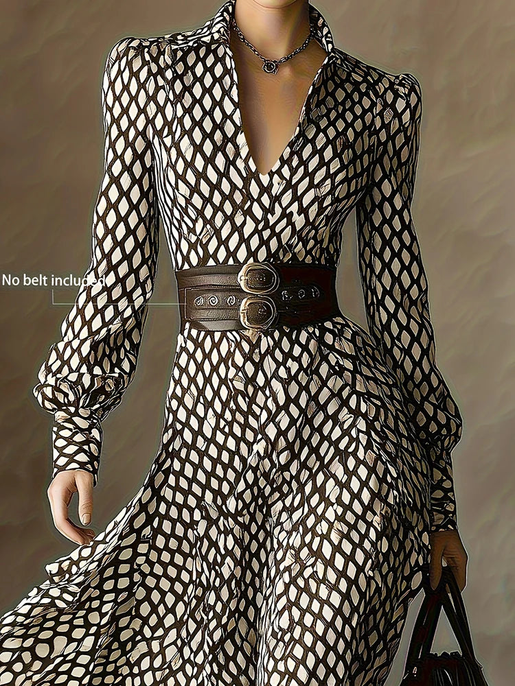 New V Neck Plaid Printed Chic Maxi Dress, Women Spring Autumn Long Sleeve Elegant Party Dress, 2026 Fashion Holiday Ladies Dress