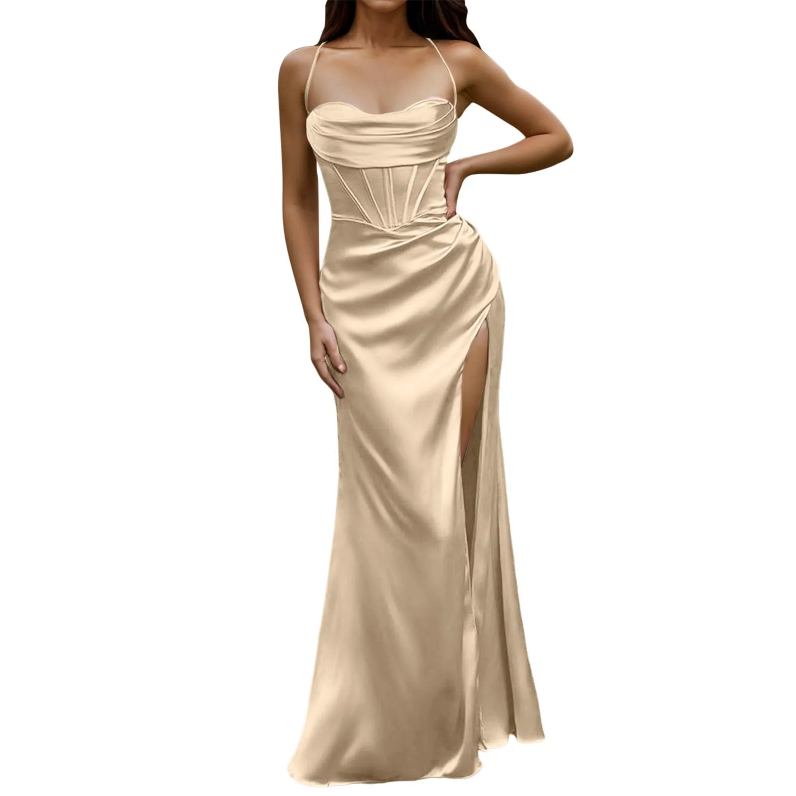 Dresses – Lace Up Backless High Slit Corset Maxi – Polyester – Green | KIMLUD