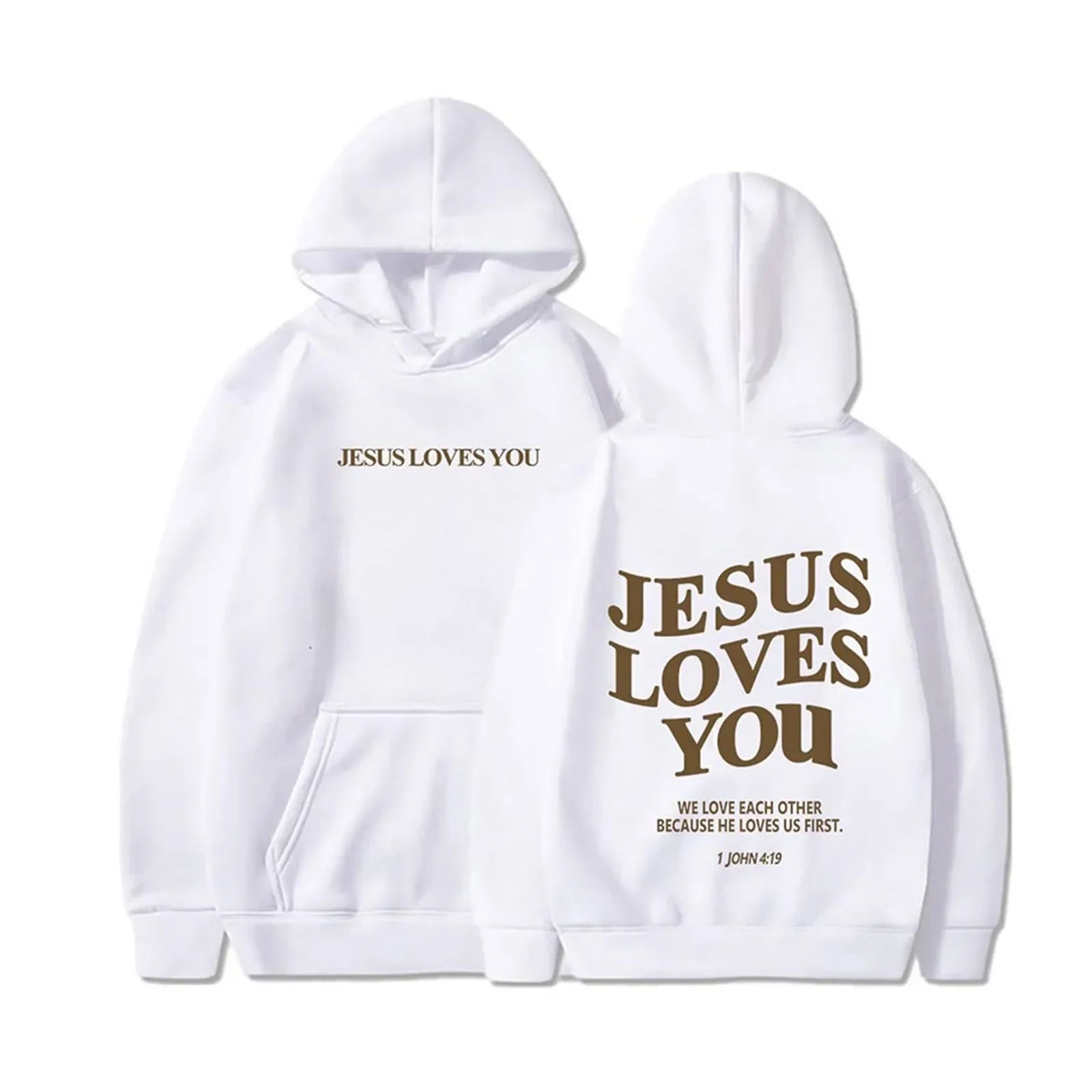 Pullover Hoodie - Jesus Loves You Print - Cotton-Polyester | KIMLUD