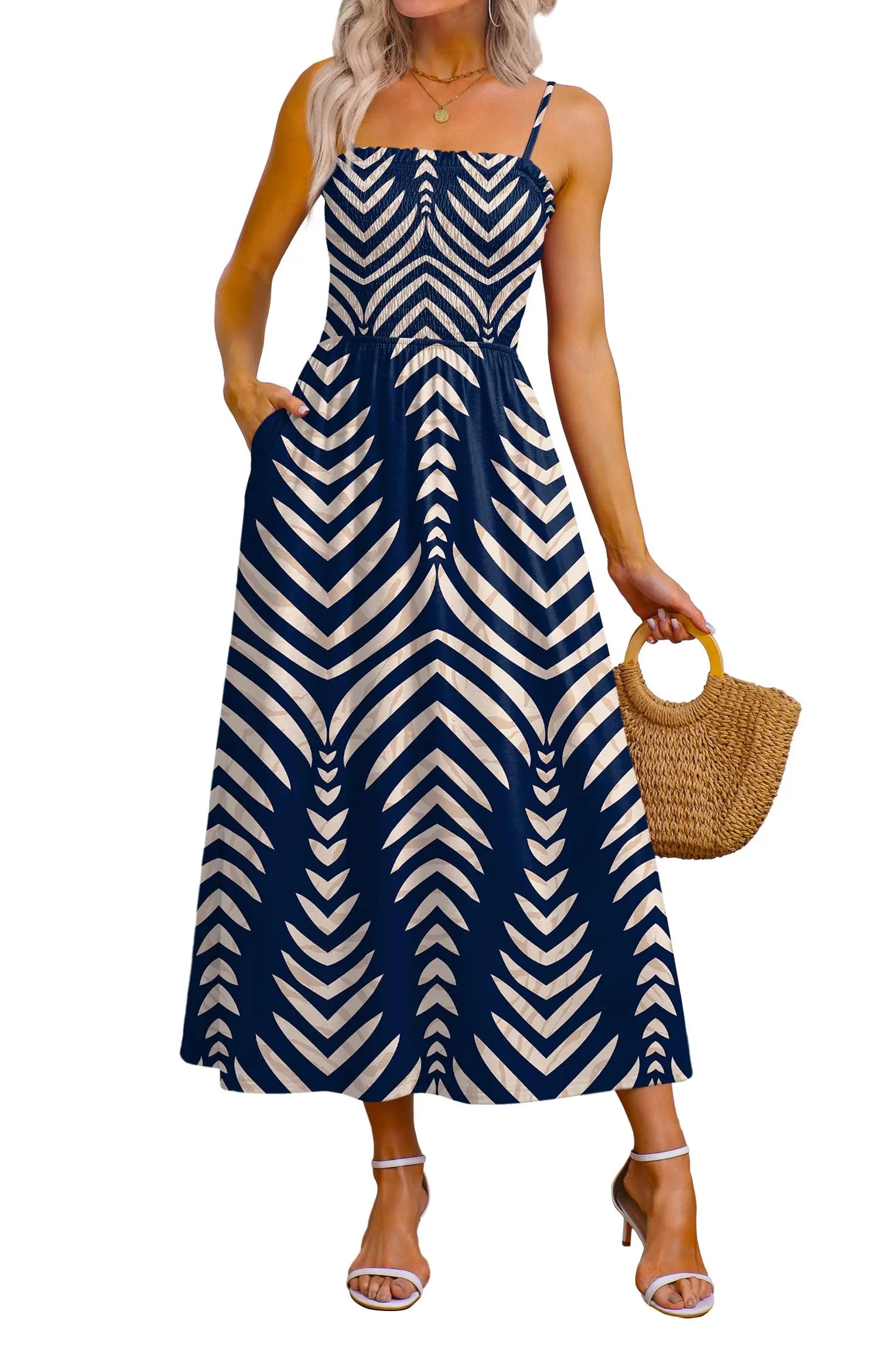 Spaghetti Strap Maxi Dress – Smocked Waist – Polyester Fiber | KIMLUD