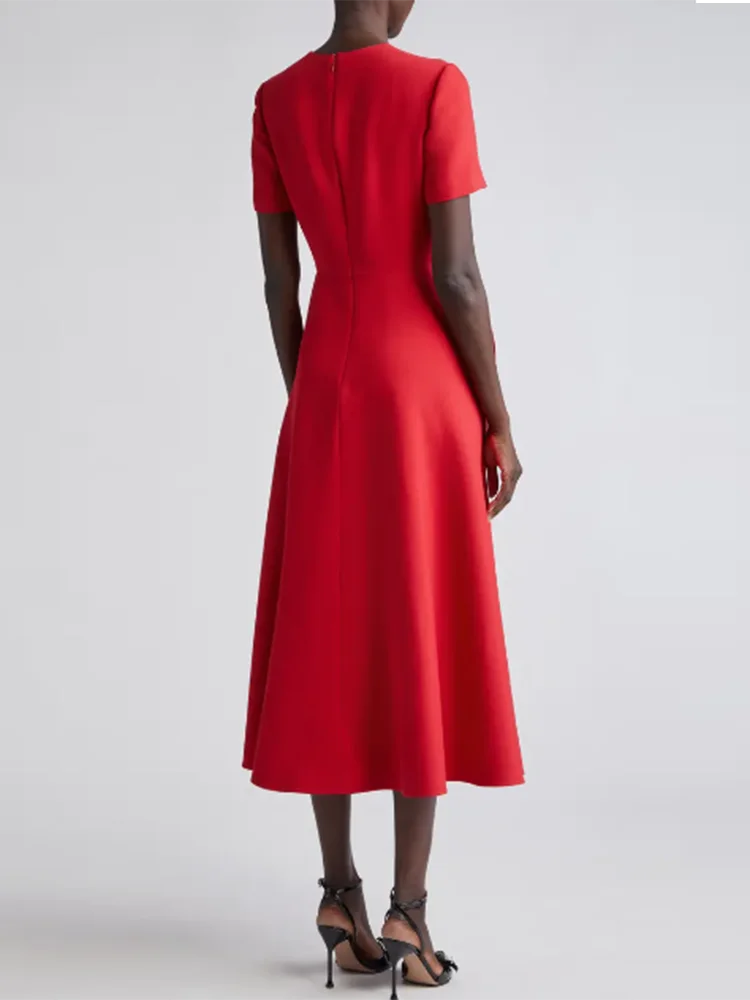 KIMLUD, VGH Red Patchwork Floral Long Dress For Women Round Neck Short Sleeve High Waist Elegant Dresses Female Fashion New Clothing, KIMLUD Womens Clothes