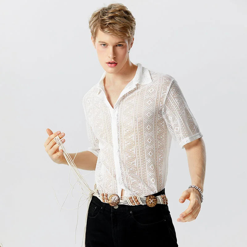 2023 Fashion Men Shirt Mesh Lace Transparent Streetwear Lapel Short Sleeve Button Camisas Party Sexy Men Clothing S-5XL INCERUN