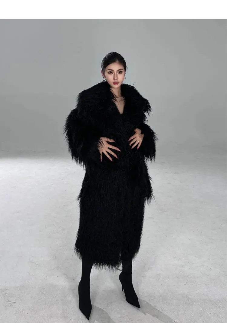 Lautaro Winter Long Black Hairy Shaggy Thick Warm Soft Fluffy Faux Fur Coat Women Sashes Luxury Designer Overcoat Runway Fashion