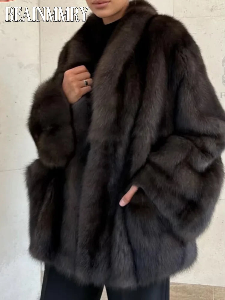 Women Thick Faux Fur Coat Lapel Hidden Button Loose  elegant lady Outerwear 2025 Fashion Female Street Commute Overcoat New