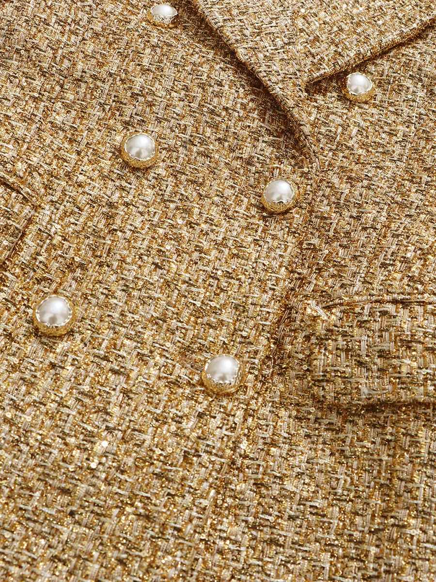 Sequin Patchwork Temperament Coat Double Breasted Lapel Long Sleeves — Champagne Gold | KIMLUD