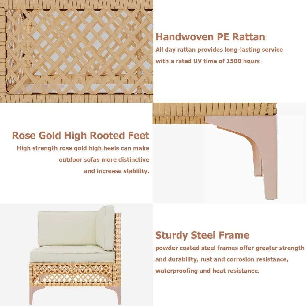 Outdoor Patio Furniture Set, Wicker Outdoor Sectional Set, Boho Patio Conversation Sectional Sofa with Large Tempered Glass Cof