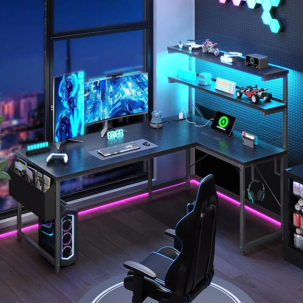 LED-lit 43.3 L-Shaped Gaming Desk with Power Outlet, Storage, and Hook for Home or Office