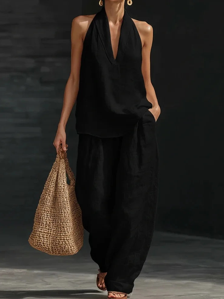 Two Piece Set – Sleeveless V Neck Top and Wide Leg Pants – Broadcloth | KIMLUD