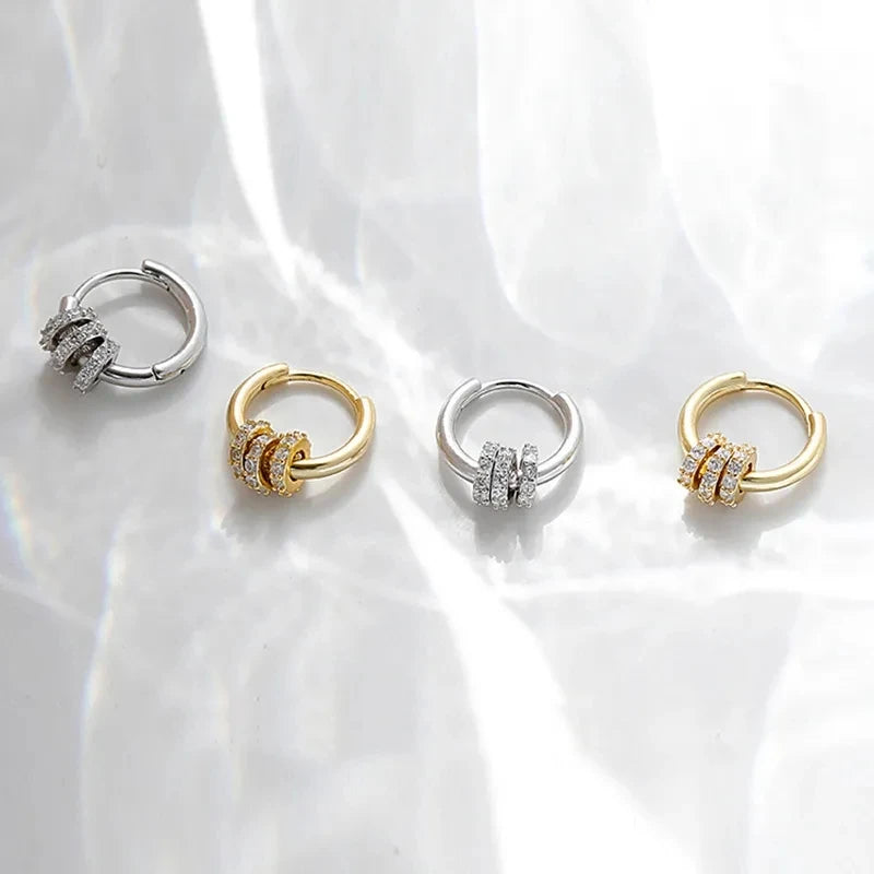 Sterling Silver Hoop Earrings Dainty Zircon Inlaid Round Circle — Silver | KIMLUD