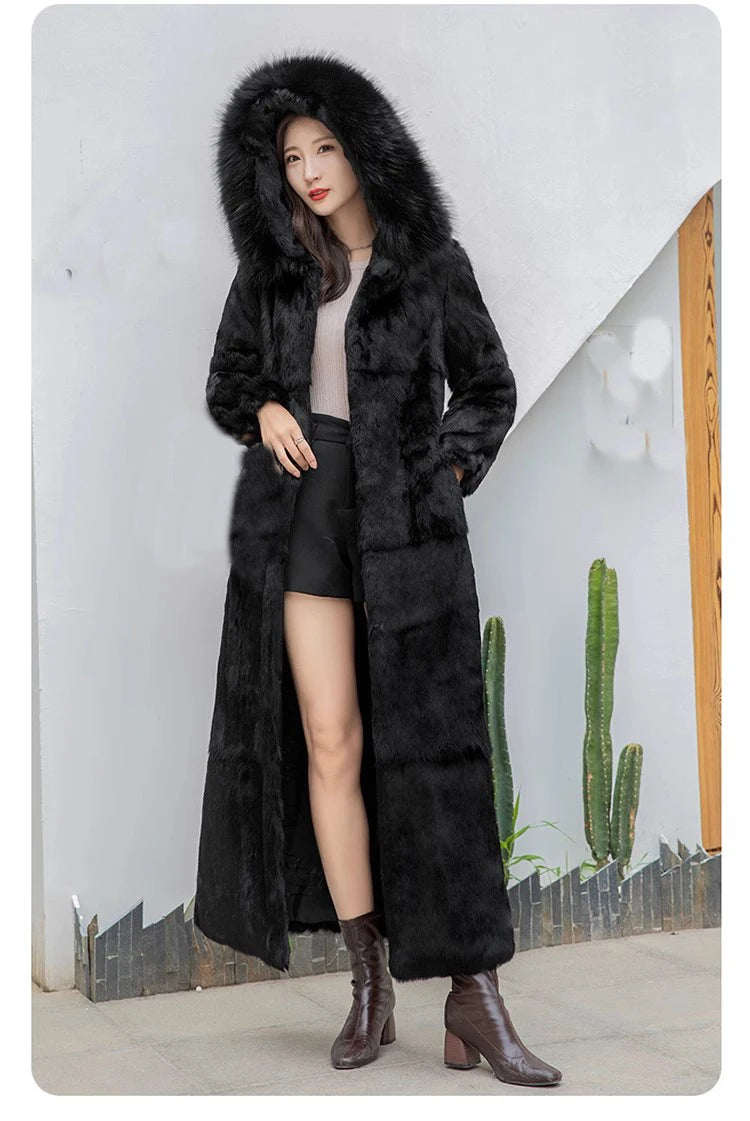 Real genuine natural rabbit fur coat with fox fur hood women's X-long fashion warm  jacket