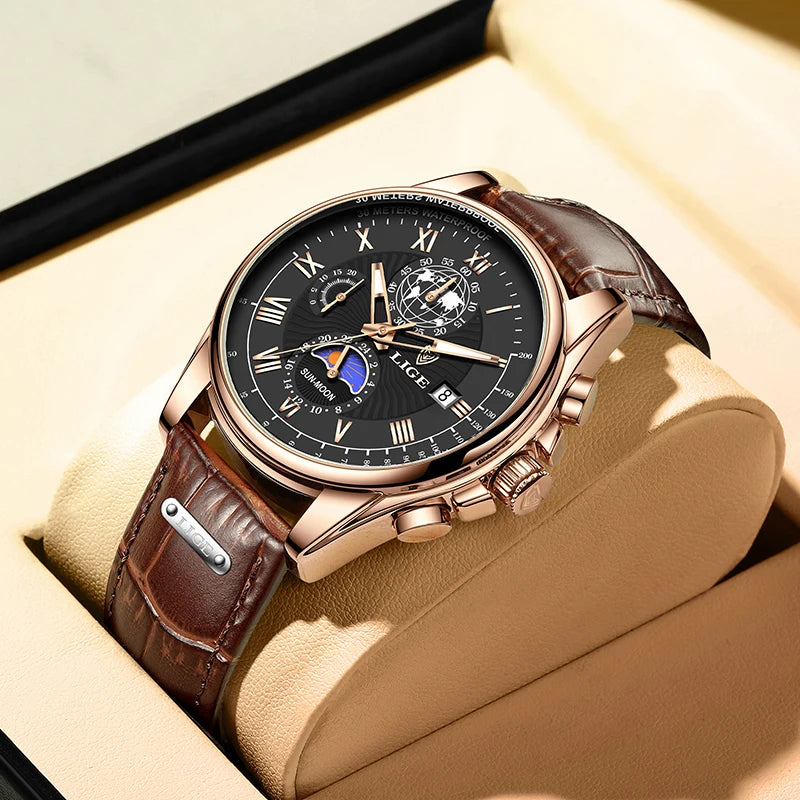 2024 LIGE New Blue Leather Mens Watches Top Brand Luxury Waterproof Watch For Men Sport Date Quartz Wristwatch Relogio Masculino