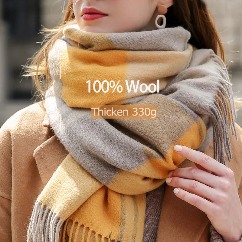 Lambswool Scarf Checkered Camel Plaid — Camel | KIMLUD
