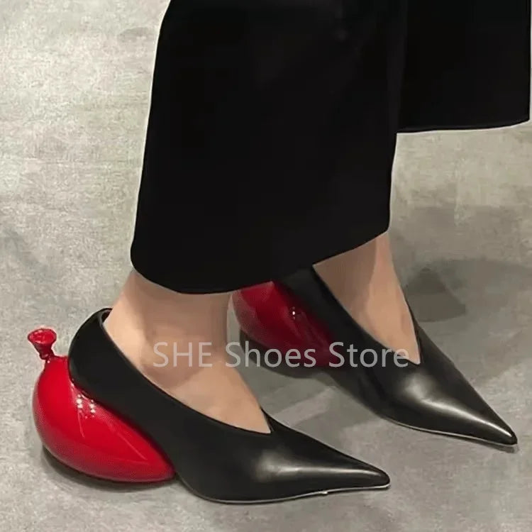 Patent PU Balloon Heel Pumps SlipOn Pointed Toe High Heel Glossy Finish — Black | KIMLUD