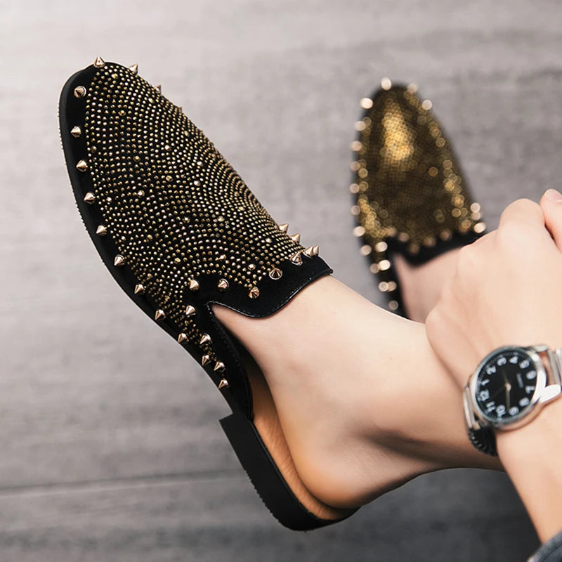 Patent Leather Mules With Gold Rivet Rhinestones And Punk Edge For Nightlife — Black | KIMLUD