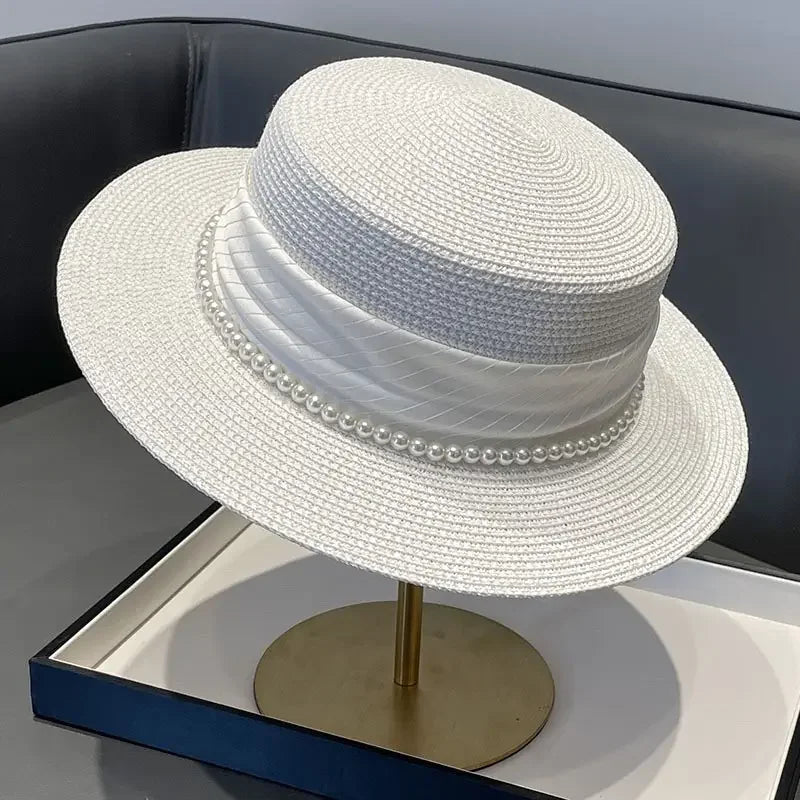 Straw Flat Sun Hat Pearl Chain — Natural Beige | KIMLUD