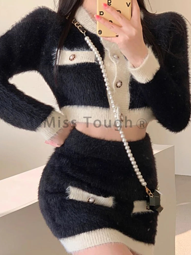 KIMLUD, Winter Fluffy Knit 2 Piece Set Women Patchwork French Vintage Mini Skirt Suit Female Korean Fashion Elegant Office Lady Set 2024, KIMLUD Womens Clothes