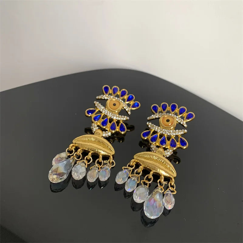 European and American medieval accessories vintage eye tassels light luxury high-end earrings French fashion devil eye earrings