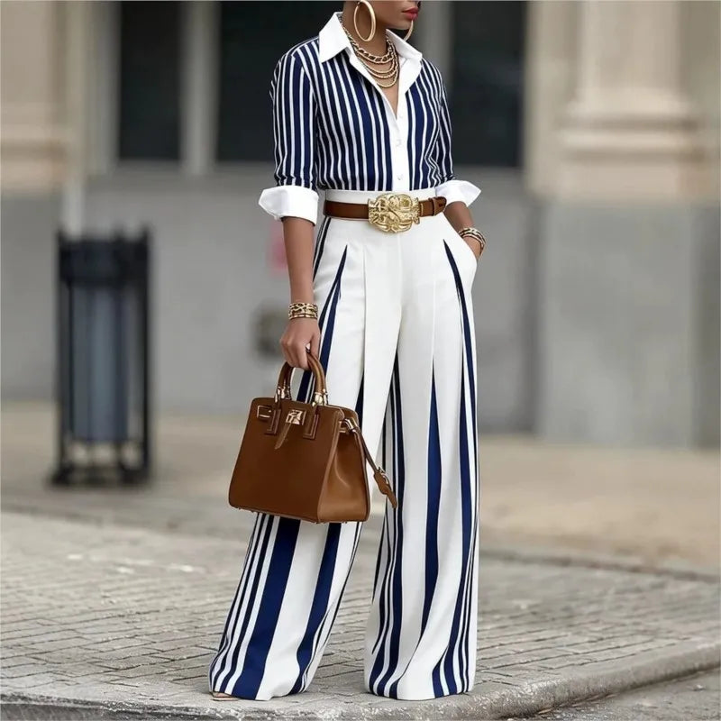Two Piece Set – Striped Printed Shirt and Wide Leg Pants – Chemical Fiber | KIMLUD