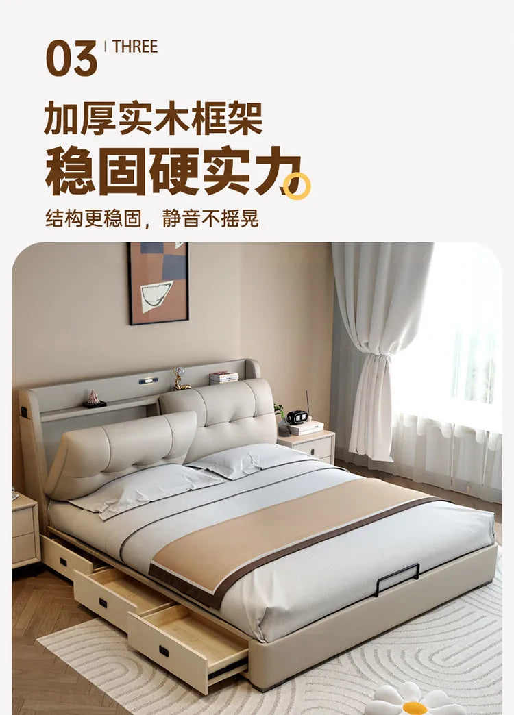 Minimalist Upholstered Bed Frame With Storage — Cream Beige | KIMLUD