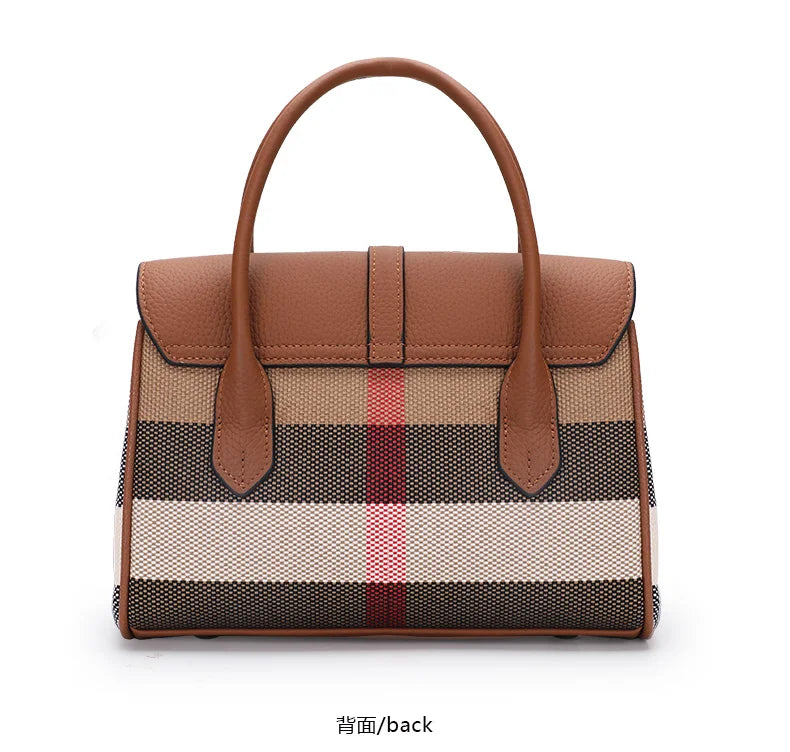 Canvas Patchwork Plaid Shoulder Bag Large Capacity — Tan | KIMLUD
