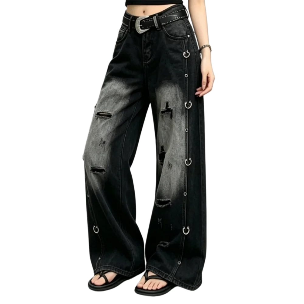 Rivet Washed Pants And Leggings Denim Wide Leg — Indigo | KIMLUD