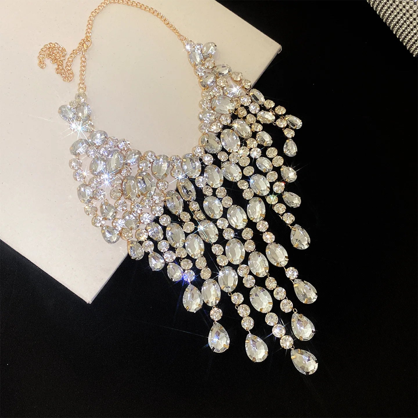 Luxury Tassel Water Drop Rhinestone Choker Necklace for Women Oversized Sparkly Elegant Evening Party Wedding Statement Jewelry