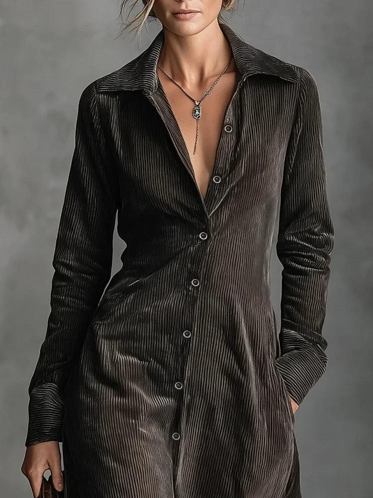 KIMLUD, Womens Corduroy Dress Retro High Street Style Turndown Collar Single Breasted Long Sleeve Slim Fit with Pockets Autumn, KIMLUD Womens Clothes