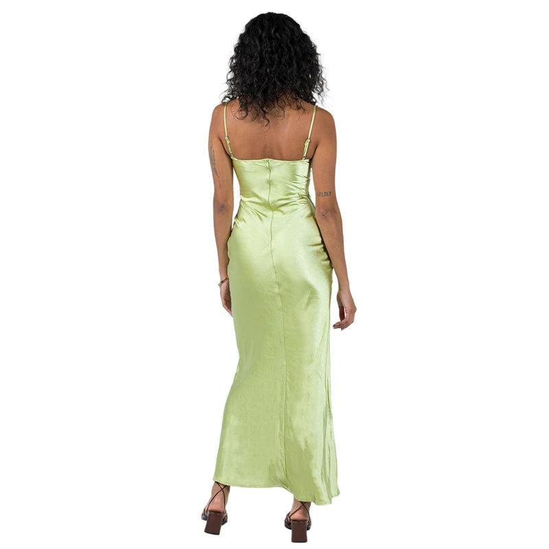Floral Appliqué Satin Maxi Dress