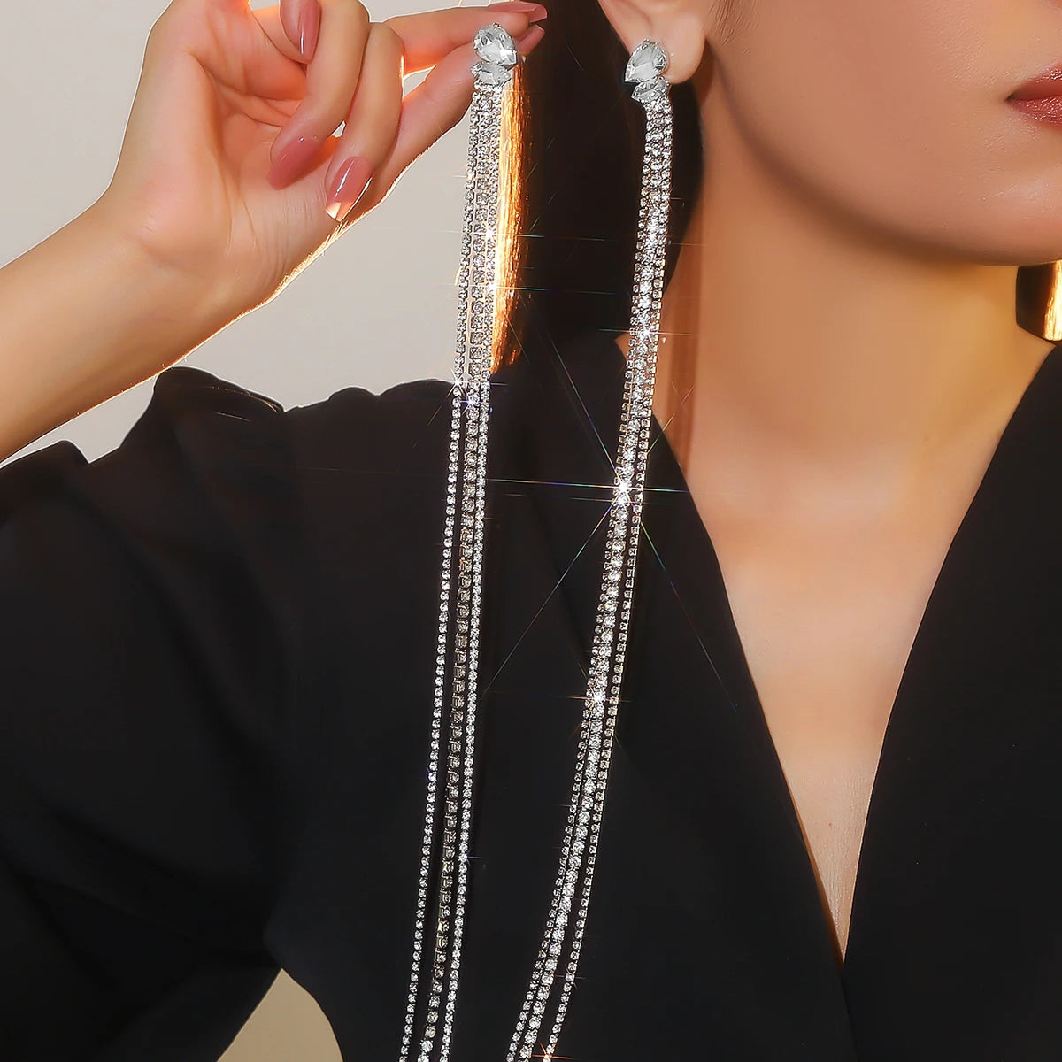 Silver Rhinestones Earrings for Women Sparkly Long Linear Dangle Earrings Dangle Tassels Statement Earrings Bridal Wedding