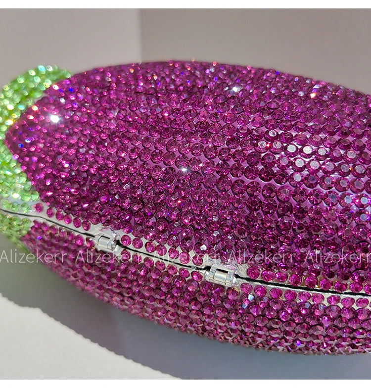 Alizekerr Eggplant Shaped Diamond Evening Bags Women Gorgeous Metallic Rhinestone Purses Ladies Unique Handbags Wedding Party